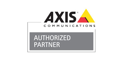 Logo von AXIS Communications mit dem Text "Authorized Partner" in einem grauen Kasten darunter