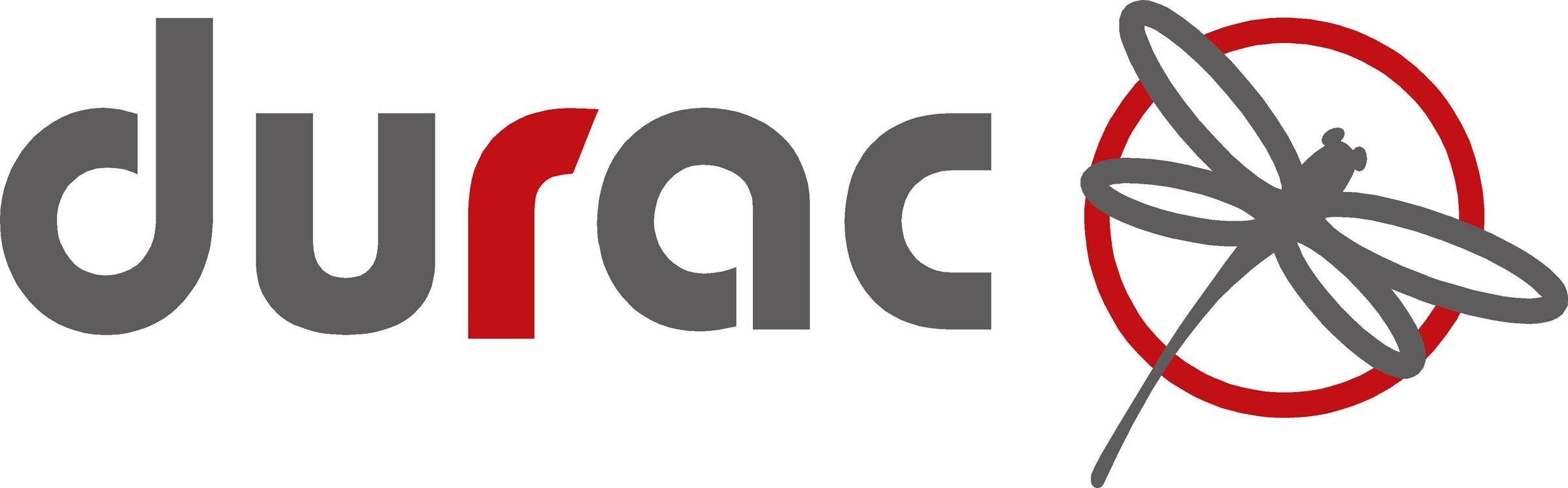 Logo mit dem Schriftzug "durac" in grauer und roter Farbe, daneben eine graue Libelle, die von einem roten Kreis umgeben ist