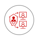 Symbol für Immobilienmanagement mit einem Haus in einem Kreis, verbunden durch Pfeile mit drei Personenikonen