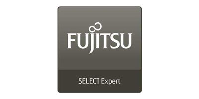 Logo von Fujitsu mit dem Schriftzug "SELECT Expert" darunter auf einem grauen Hintergrund