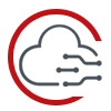 Symbol einer roten Wolke mit grauen Verbindungslinien, die digitale Datenströme darstellen