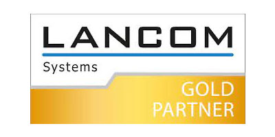 Logo von LANCOM Systems mit dem Schriftzug GOLD PARTNER auf goldenem Hintergrund
