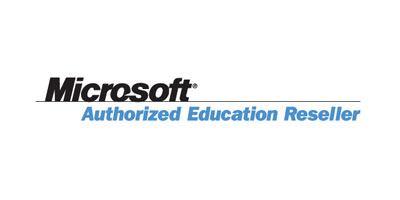 Logo mit schwarzem Text "Microsoft" und blauem Text "Authorized Education Reseller" auf weißem Hintergrund