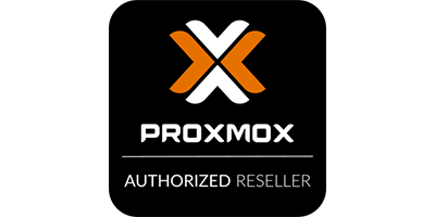 Logo von Proxmox mit dem Text "AUTHORIZED RESELLER", der die autorisierte Vertriebspartnerschaft hervorhebt